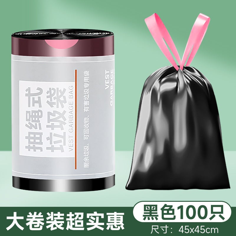 100 Large Roll Drawstring Black Household Garbage Bags Thickeneded Satchel Closing Large Plastic Bags Office Supplies - Image 1